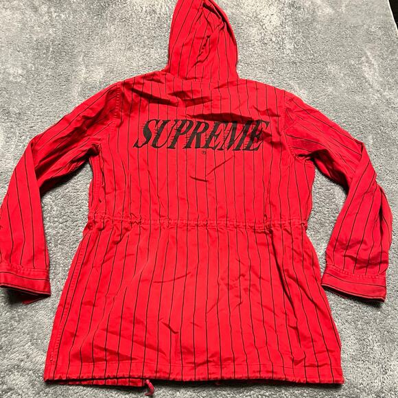 Supreme Twill Pinstripe Jacket Mens Medium Red Hooded Parka *** - Picture 4 of 9